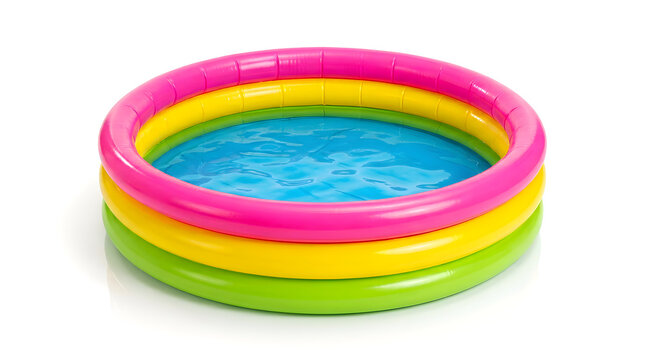Colorful inflatable pool with pink yellow and green rings