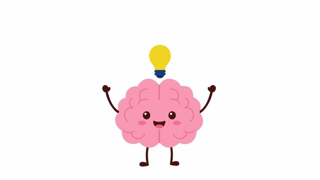 Flat 2D vector animation of a Cute Cartoon Brain with Idea Light Bulb Character Motion Graphics for Creative Thinking Innovation and Intelligence