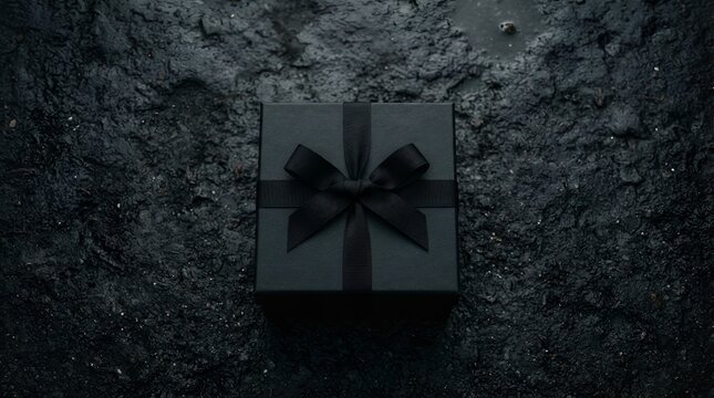 A square black gift box tied with a matching black satin ribbon and bow, resting on a dark, textured, wet, and gritty ground surface