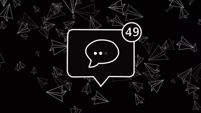 Bright blue neon chat box 49 concept (4K) with speech bubble and paper plane on black background for messaging app or social media notification.