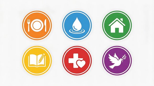 Six colorful icons representing basic human needs and rights