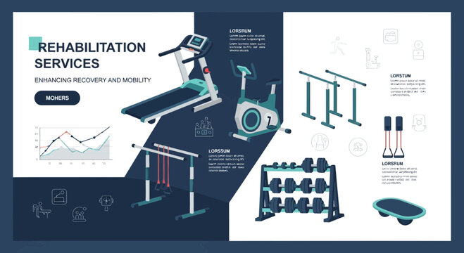 Illustrated Rehabilitation Services Flyer Displaying Fitness Equipment for Recovery and Mobility