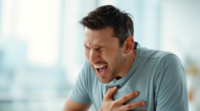 Man experiencing chest discomfort after eating fast food. Cinematic healthcare footage illustrating unhealthy diet, heartburn, indigestion, cardiovascular risk and poor nutrition.