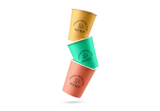 Floating Paper Coffee Cup Mockup Set with Three Color Disposable Cups on White Background
