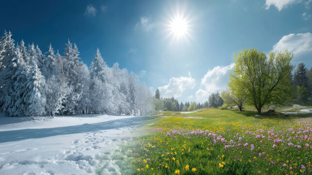 Spring snow ice thaw, end of Winter Season, hope, fresh start. A breathtaking winter landscape with snowcovered trees, a vibrant meadow of wildflowers.