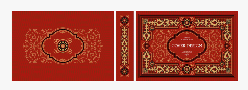 Elegant horizontal vintage book cover design with ornate Art Deco frame, geometric decorative ornaments, and luxurious retro style for publications, albums, posters, and premium layouts