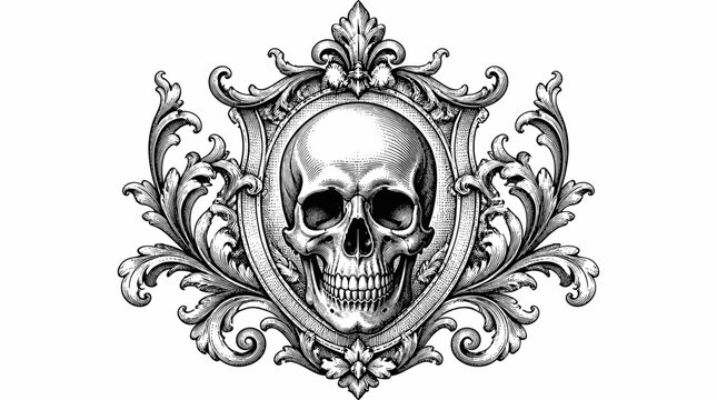 Intricate Skull Portrait Within Ornate Filigree Frame.
