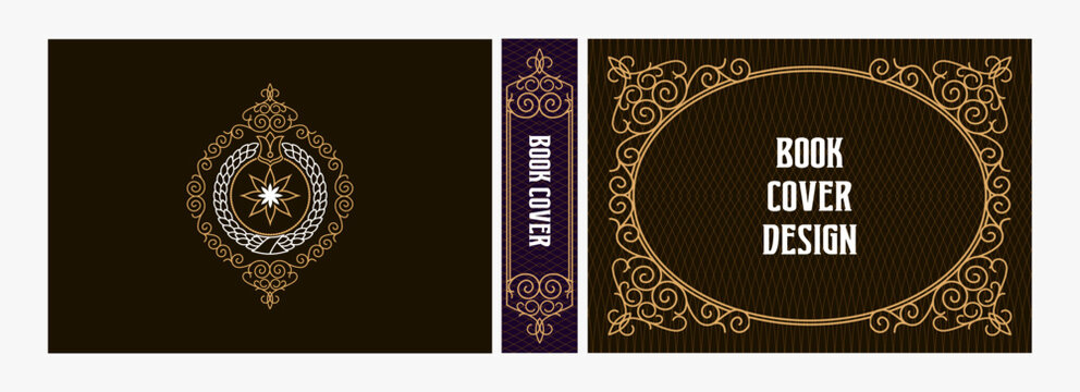 Elegant horizontal vintage book cover design with ornate Art Deco frame, geometric decorative ornaments, and luxurious retro style for publications, albums, posters, and premium layouts