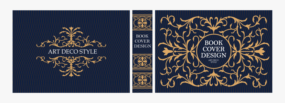 Elegant horizontal vintage book cover design with ornate Art Deco frame, geometric decorative ornaments, and luxurious retro style for publications, albums, posters, and premium layouts