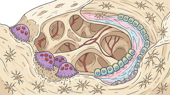 Microscopic view of bone remodeling and cell interaction