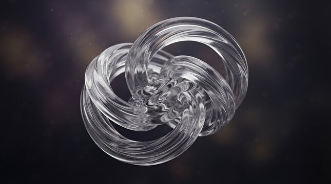 Abstract 3d render of a transparent glass knot sculpture with smooth flowing curves and soft light reflections on a dark blurred background