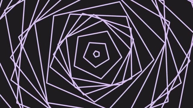 Abstract background with rotating pentagon shapes in light purple lines on a dark background.