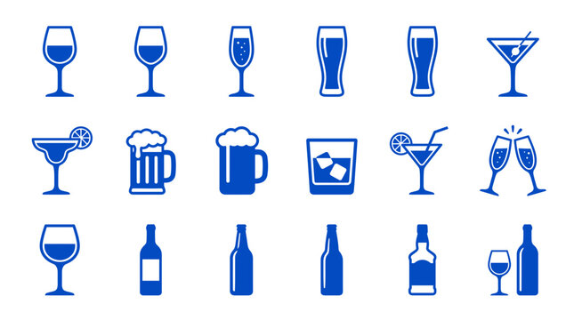 Blue minimalist alcohol beverage and glassware icon set featuring wine beer champagne cocktail and whiskey bottles on white background, representing bar menu design or nightlife branding