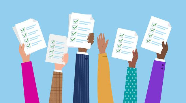 diverse hands raised holding completed checklists with green checkmarks against blue background, illustrating business productivity goals, Symbolizing team project completion and success
