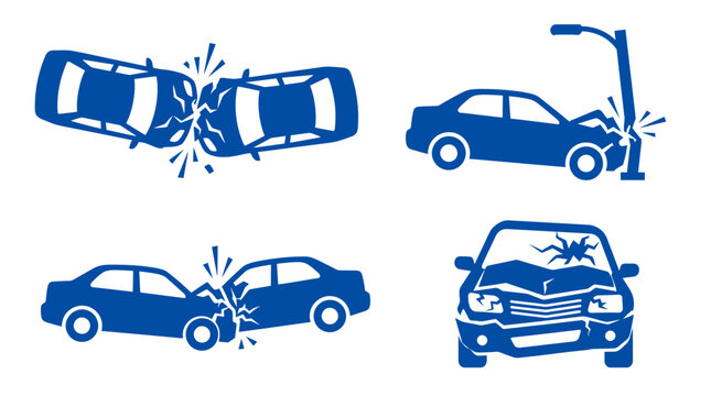 Blue car accident icon set showing various collision scenarios including head-on impact and car hitting a pole, illustrating insurance claim documentation, representing traffic safety