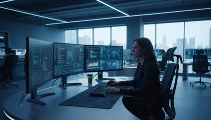 Fototapeta premium Focused Cybersecurity Expert in Modern Tech Office: A female security analyst diligently monitors live data feeds across multiple screens in a state-of-the-art control room.