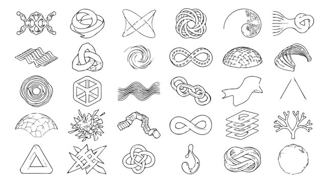 Abstract geometric line art icons, set of 30 minimalist wireframe vector shapes, modern mathematical symbols and complex linear patterns for logo design