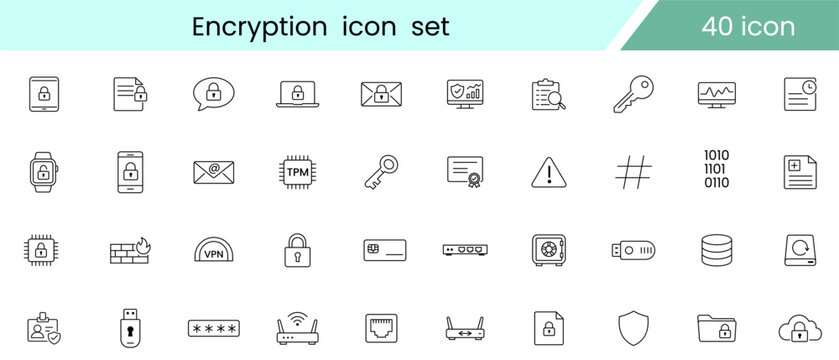 Set of forty encryption technology icons with transparent background designs