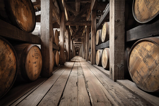 Rows of barrels of old Bourbon whiskey ageing in an old american wooden rickhouse