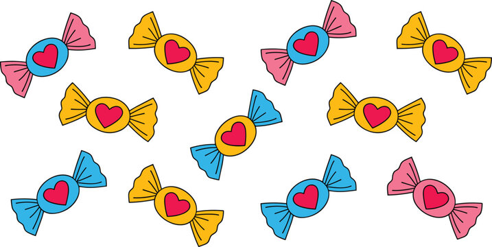 Colorful sweet candy vector seamless pattern background with red heart shape wrappers isolated on white backdrop