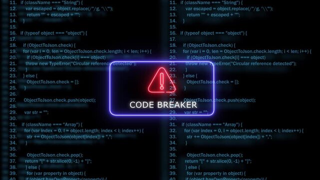 Cyber security code breaker alert: neon warning sign over scrolling programming source code background