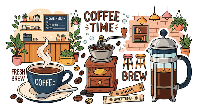 Cozy Coffee Shop Scene with French Press, Grinder, and Steaming Cup