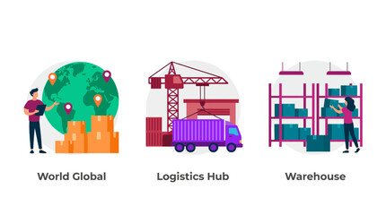 Naklejka premium Flat vector illustration of global logistics with world globe cargo boxes crane loading truck and warehouse storage, representing supply chain management and illustrating distribution