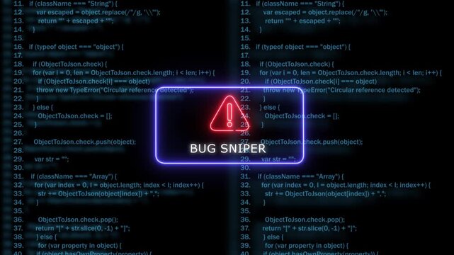Bug sniper software debugging concept with neon warning sign and programming code background development