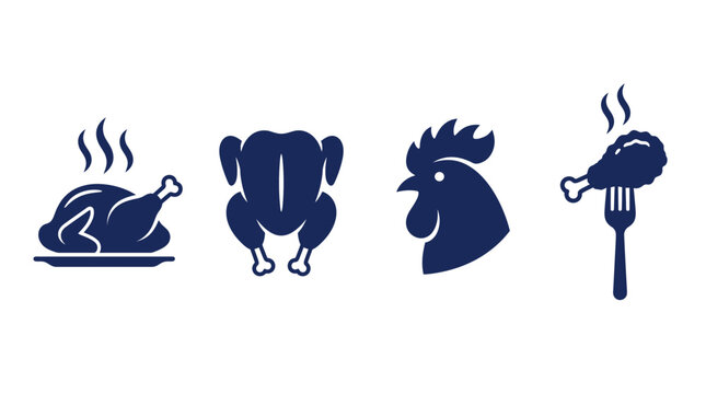 Set of blue chicken and poultry vector icons including roasted bird, raw carcass, rooster head and drumstick on a fork, Symbolizing restaurant branding and food industry marketing materials