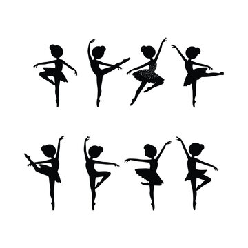 Collection of Ballet Dancer Silhouettes in Graceful Performance Poses Isolated on White Background, Vector Set