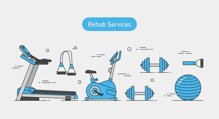 Fototapeta premium Illustrated Rehab Equipment and Services for Physical Therapy and Rehabilitation Exercises