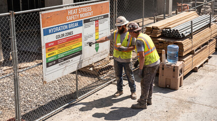 Fototapeta premium Construction Crew Reviews Heat Stress Notice During Midday Hydration Pause