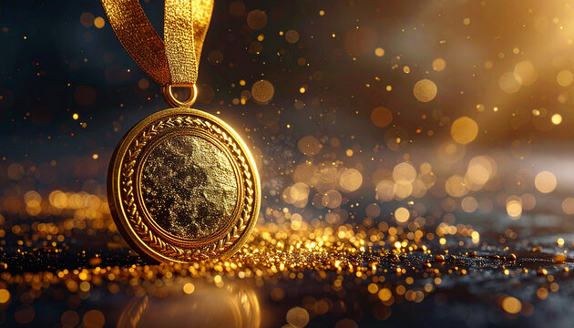 Golden medal on ribbon with bokeh effect celebrating achievement