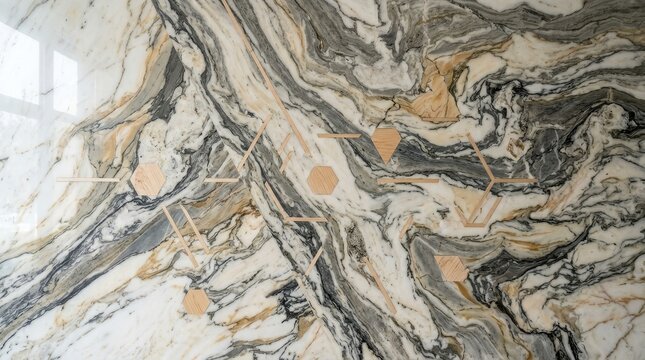 Marble surface with geometric wood inlays