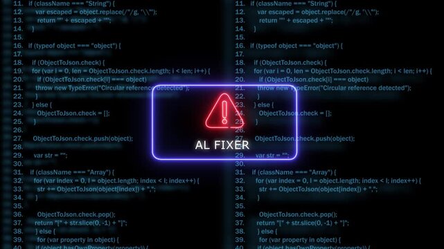 Ai fixer software error alert concept with glowing neon warning and scrolling programming code artificial intelligence