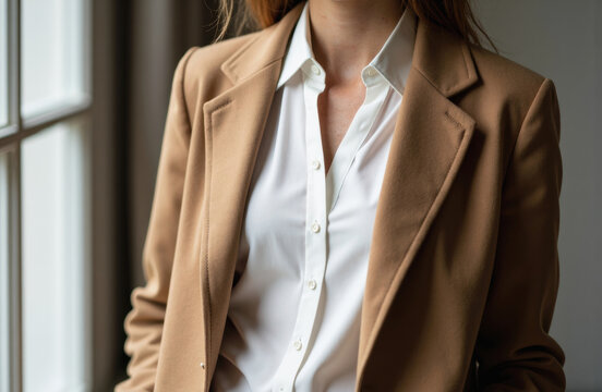 Woman in camel overcoat and white blouse by window with polished look