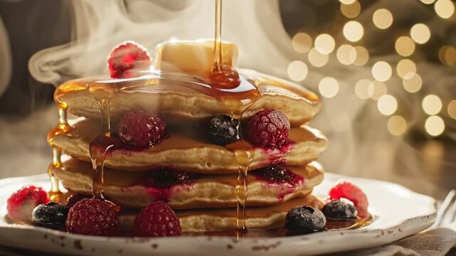 A stack of pancakes with fresh berries and syrup being poured on a plate