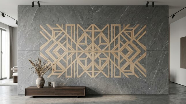 Geometric wood inlay pattern on a marble wall with minimalist furniture