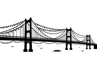 Fototapeta premium vector Iconic Suspension Bridge Silhouette Decorated with Festive Bunting Against a White Background Silhouette