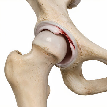 Hip joint labral tear and socket instability in photorealistic 3D anatomy render, isolated pelvis and femoral head on clean background for medical education, radiology, orthopedic patient education