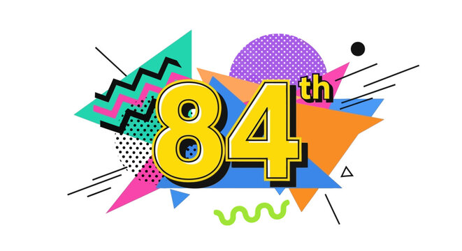 A vibrant graphic design featuring the number eighty four text