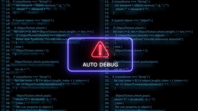 Auto debug warning sign over blue programming code background, for software development, and cyber security