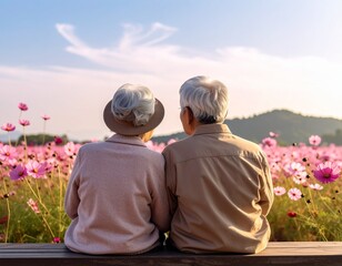 Rear view of a senior couple sitting on a bench looking at a pink cosmos flower field