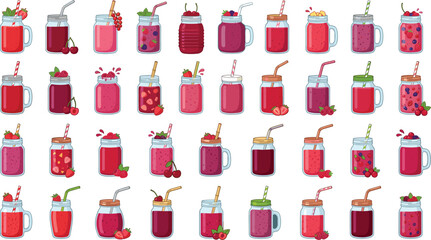 Fresh fruit smoothie jars and healthy berry milkshakes bundle, flat vector illustrations selection set © Akramul