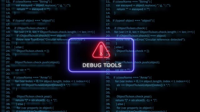 Debug tools warning notification on digital code background, software development error, concept