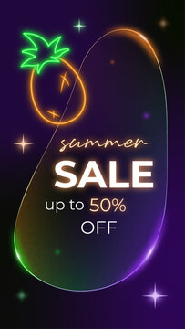 Summer sale vertical banner with pineapple glass bubble design, neon glow, and editable discount text. Modern glassmorphism layout for seasonal promotion and mobile use.
