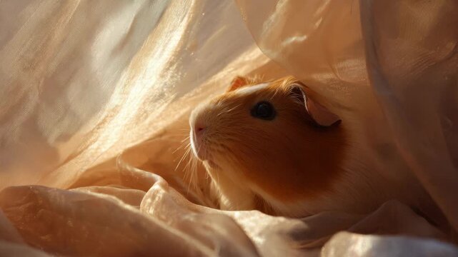 Golden light filters through sheer fabric. Guinea pig peeks through soft, glowing drapes. Warm tones highlight its gentle expression. Calm, cozy atmosphere invites emotional connection