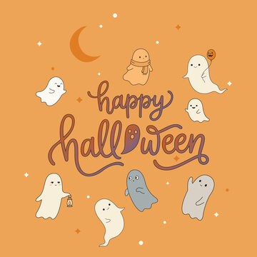 Happy Halloween calligraphy with cute ghosts on orange background square template