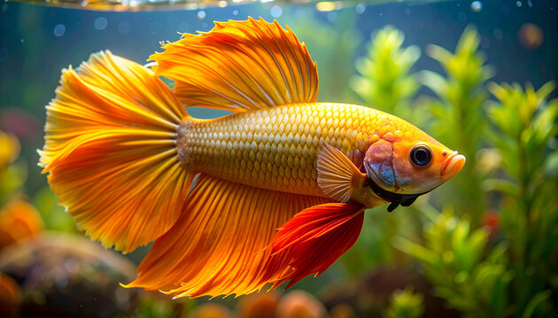 Vibrant golden betta fish swimming in a freshwater aquarium environment