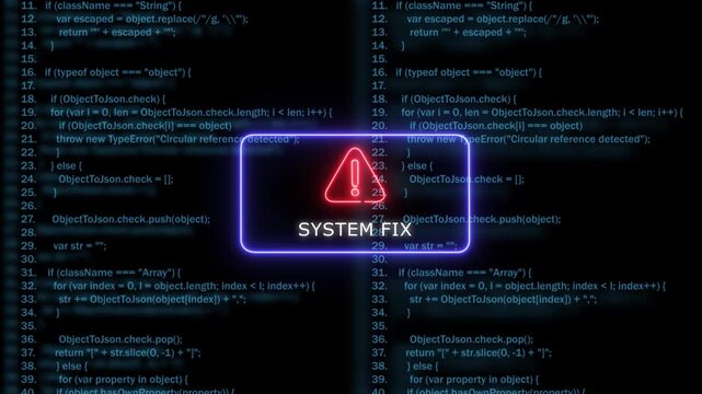 System fix notification with glowing warning over digital programming code background, software development